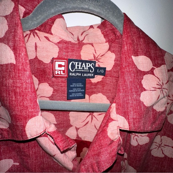 Men's Chaps Ralph Lauren Hibiscus Floral Short Sleeve Button-up Red Shirt - L - Picture 2 of 5